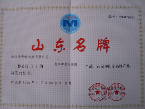 2009年龍興農膜被認定為山東名牌產品